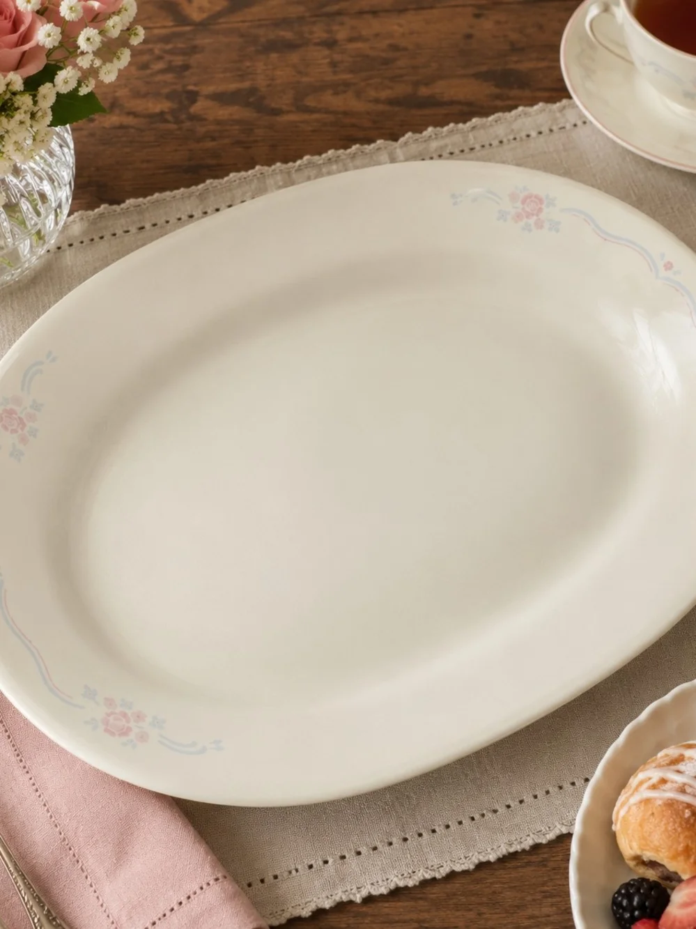 Corelle Oval Serving Platter in Cream with Pink & Blue Floral Trim